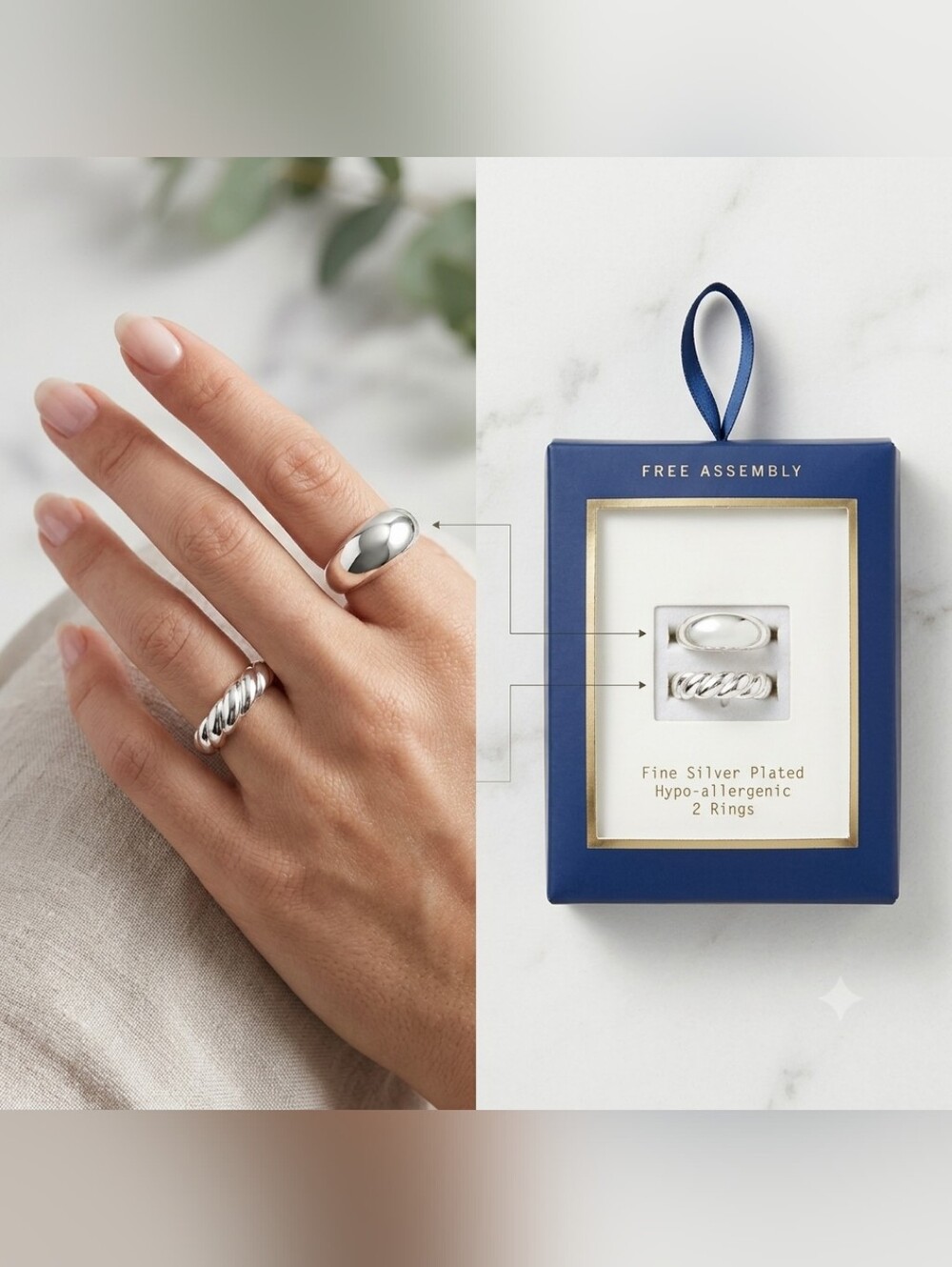 Silver Plated Two-Ring Set — Polished Dome + Twisted Band Free Assembly Brand